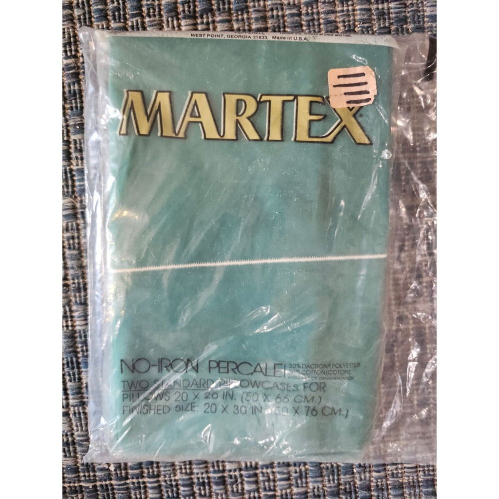 Martex Vintage Teal Green Standard Pillowcase Set 2pc No-Iron Percale Made USA